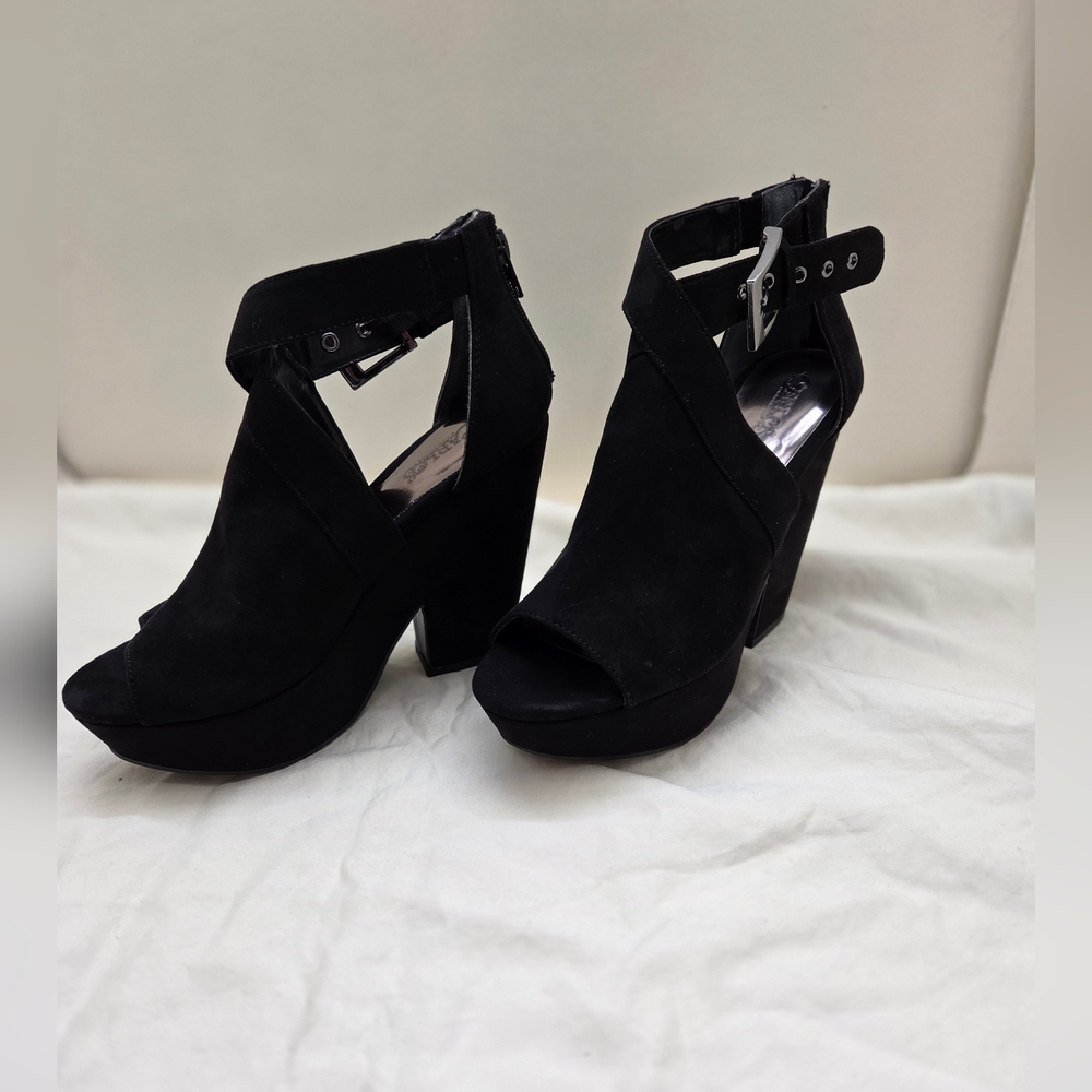Carlos by Carlos Santana Black Suede Chunky Open Toe Heels | Size 6 | 4” Heel - Picture 2 of 13